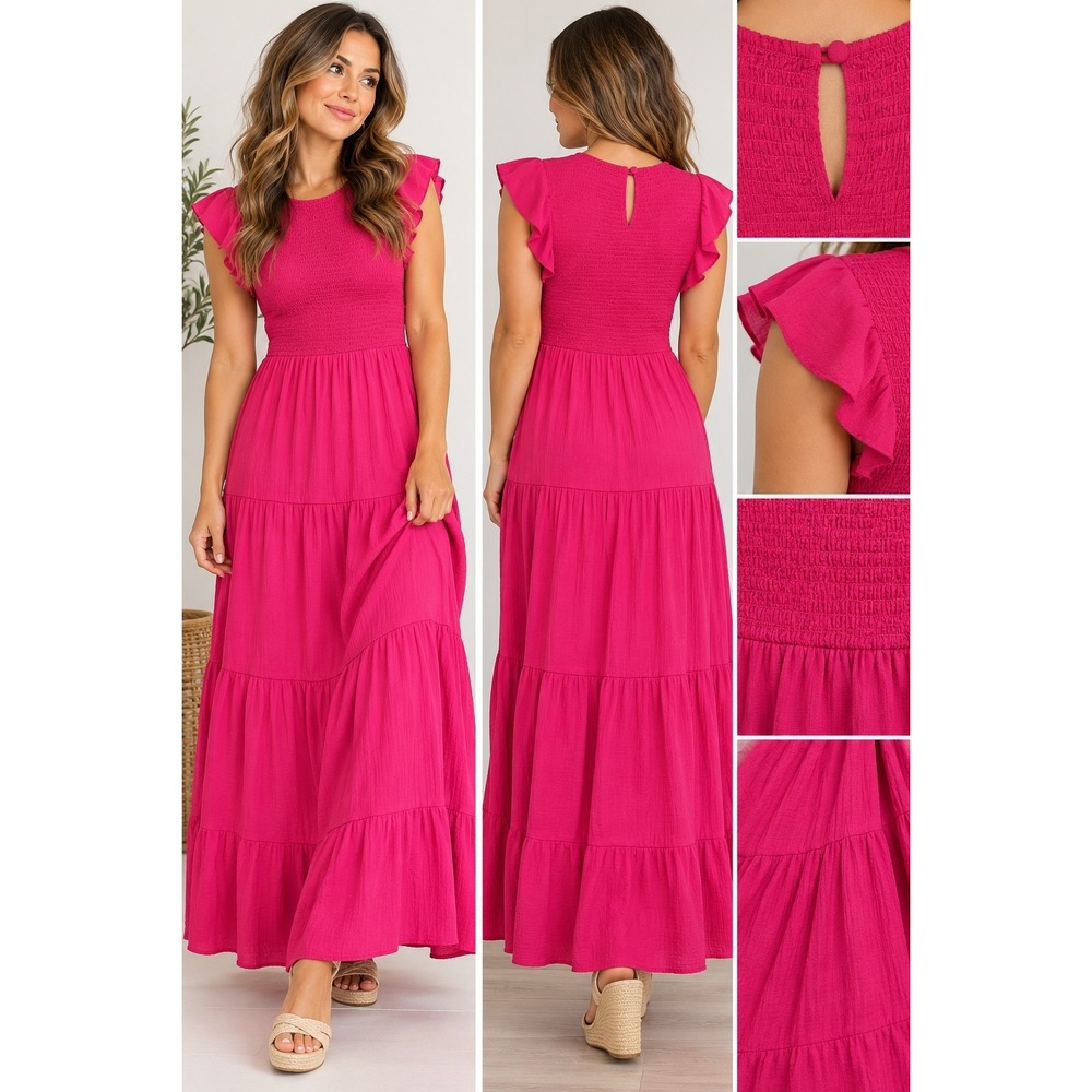 MINE Womens M Fuchsia Maxi Dress Smocked Bodice Tiered Flutter Sleeve Boho